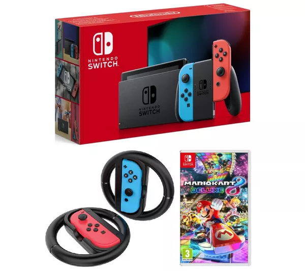 NINTENDO Switch Neon, Mario Kart 8 & Joy-Con Racing Wheels Bundle