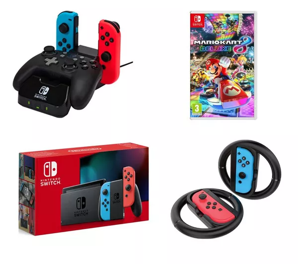 NINTENDO Switch Neon Red & Blue, Mario Kart 8 Deluxe, Joy-Con Racing Wheels & PowerA Controller Charging Station