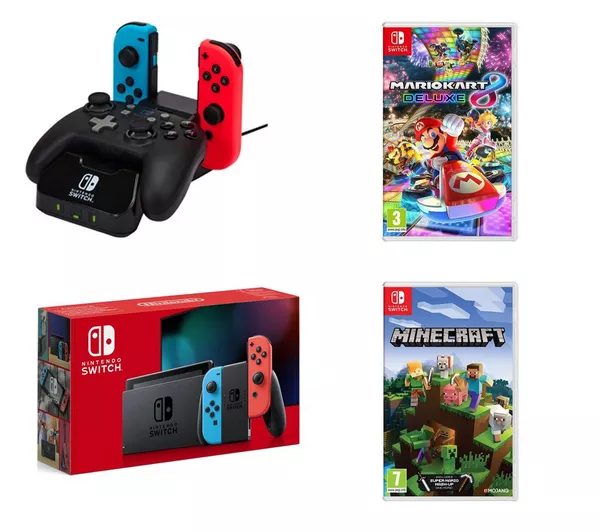 NINTENDO Switch Neon Red & Blue, Mario Kart 8 Deluxe, Minecraft & PowerA Controller Charging Station