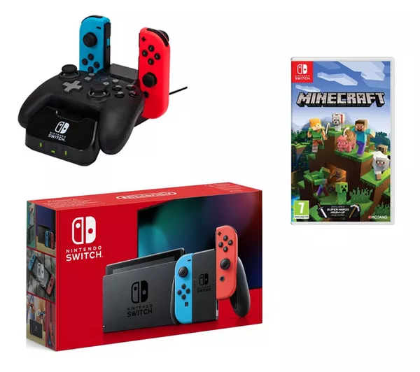NINTENDO Switch Neon Red & Blue, Minecraft & PowerA Controller Charging Station