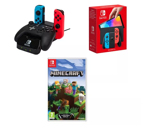 NINTENDO Switch OLED Neon Red & Blue, Minecraft & Charging Station for Controllers Bundle