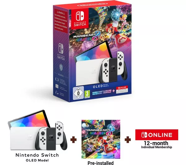 NINTENDO Switch OLED White & Mario Kart 8 Deluxe & Nintendo Switch Online 12 Month Membership Bundle
