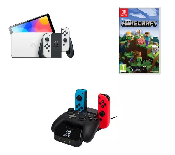 NINTENDO Switch OLED White, PowerA Controller Charging Station & Minecraft Bundle