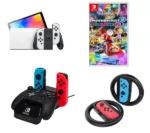 NINTENDO Switch OLED White, PowerA Controller Charging Station, Venom Joy-Con Racing Wheels & Mario Kart 8 Deluxe Bundle